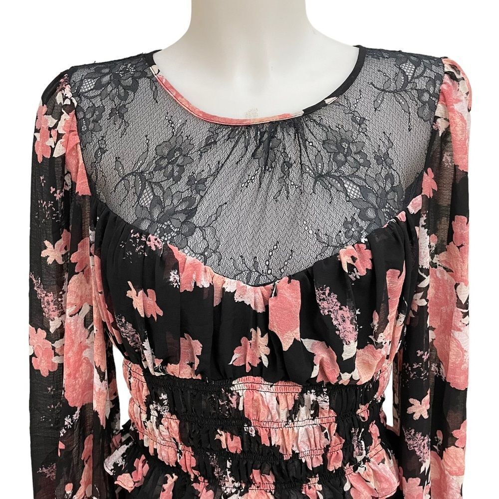 FREE PEOPLE Daphne Blouse Midnight Combo, Lace Smocked Longsleeve sz medium New! - Picture 2 of 9